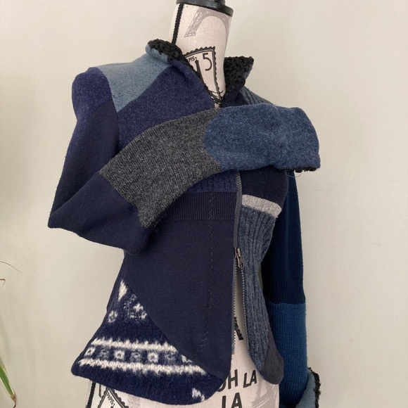 Wool Patchwork Petticoat, Funky Blue Jacket, Floral Print, Eclectic Zip Sweater - Picture 2 of 7